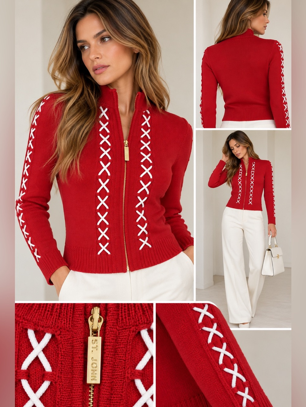 St. John Red Knit Zip Jacket White Lace Up Corset Trim Gold Hardware Size 4